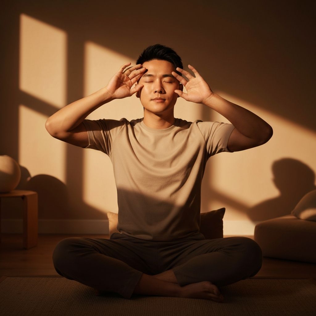 Personne effectuant un exercice oculaire doux avec relaxation