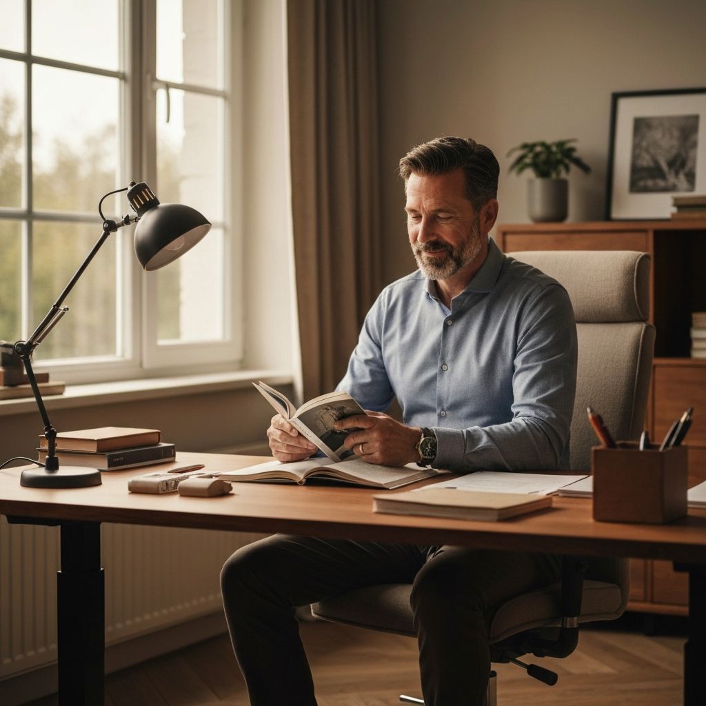 Personne lisant confortablement à son bureau avec bonne ergonomie